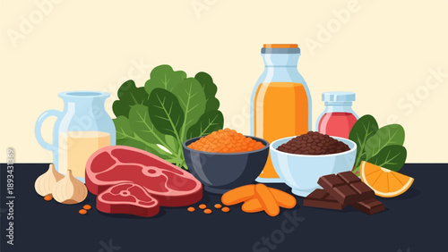 Assorted food items including meat, vegetables, fruits, grains, and drinks