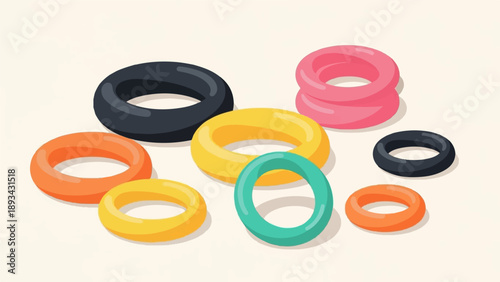 Assortment of colorful inflatable rings and flotation devices scattered
