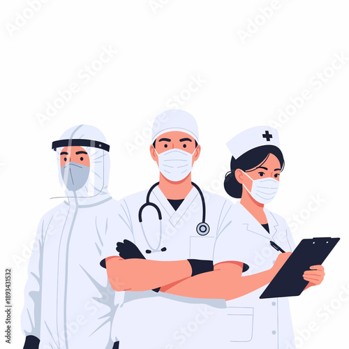 Three medical professionals, including a doctor, nurse, and healthcare worker in PPE, standing together with face masks.
