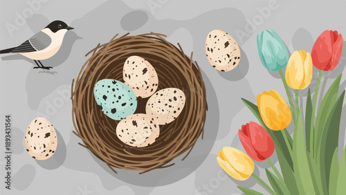 Bird's nest with speckled eggs and colorful tulips on a gray background