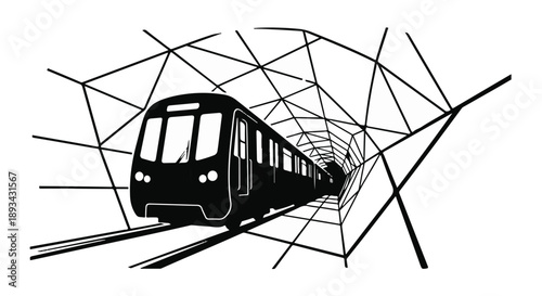 Black train entering tunnel covered in spider web network on white background, transportation concept illustration
