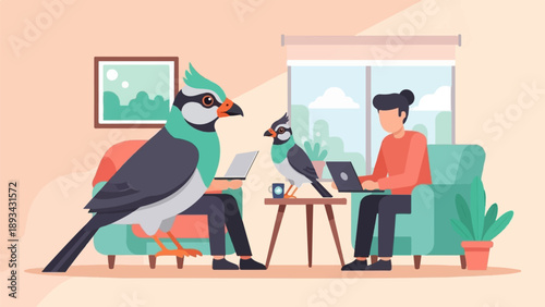 Birds and person using laptops in a room, remote work concept