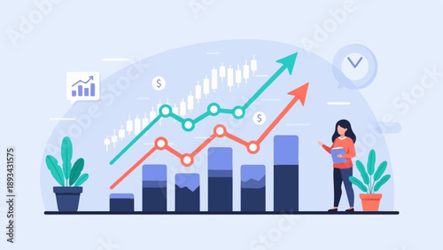 Animated representation of financial growth with upward trending graphs and a businesswoman