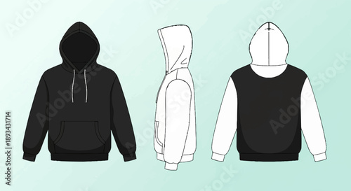 Black hoodie front, side sketch, and back view