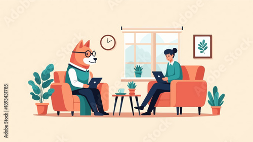 Anthropomorphic dog and person work on laptops in a cozy room
