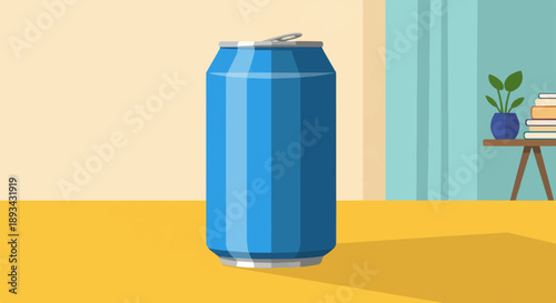 Blue aluminum beverage can on a yellow surface with a plant and books