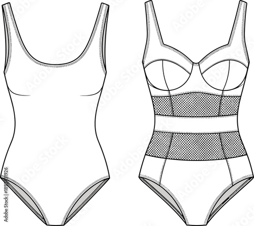 Women shapewear bodysuit technical line art illustration showing front and back views with mesh panels for fashion apparel design