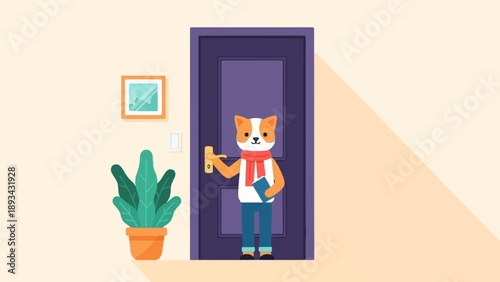 Anthropomorphic dog with red scarf and book at purple door