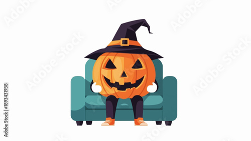 Anthropomorphic jack-o'-lantern in witch hat relaxing on armchair