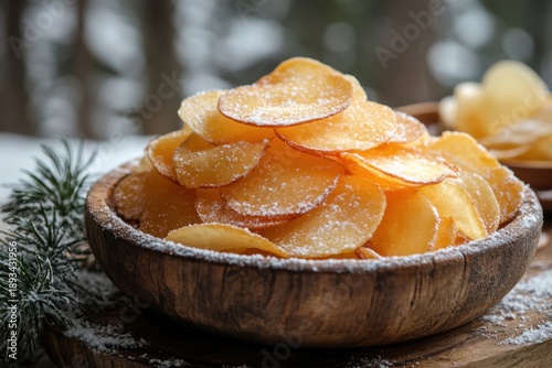 Sliced potatoes in a wooden bowl on a board.