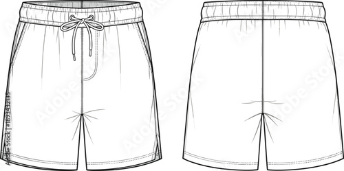 Men casual drawstring shorts technical line art illustration showing front and back views for fashion apparel design production use