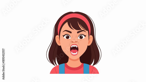 Cartoon girl with brown hair, wearing a red shirt and blue overalls, expressing anger