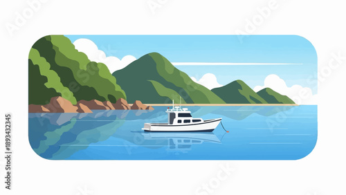 Boat anchored in a tranquil blue bay with green hills and sky