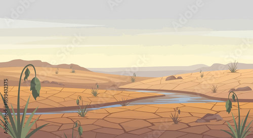 desert landscape with dry cracked earth and stream