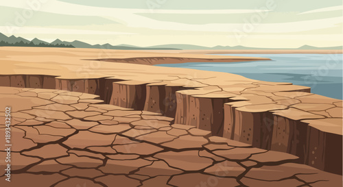 Drought's Grip: An artistic depiction portrays a landscape affected by prolonged drought, with cracked earth and receding water levels, evoking a sense of environmental concern.