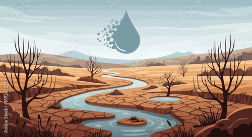 Water Scarcity: A stark visualization of a dried-up riverbed and barren landscape. A single water drop breaks up, symbolizing the critical issue of water shortage and environmental decline.