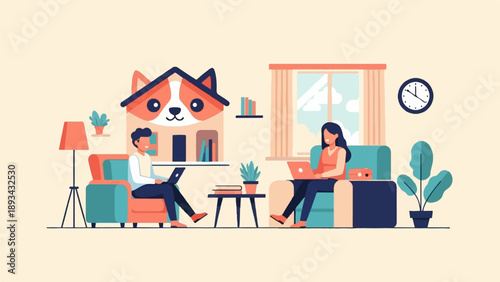 Cartoon of a couple working on laptops at home with dog-shaped house decor
