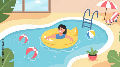 Cheerful child enjoys a sunny day floating in a pool on a yellow float
