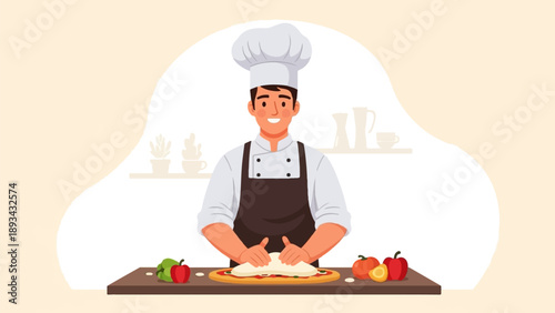 Cheerful chef preparing pizza with fresh ingredients on a kitchen counter