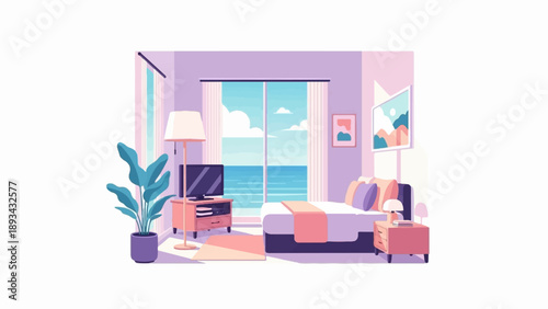 Bedroom with a view of the ocean, featuring a bed, TV, plant, and art