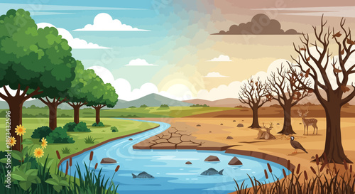 Climate change concept with lush landscape and arid desert