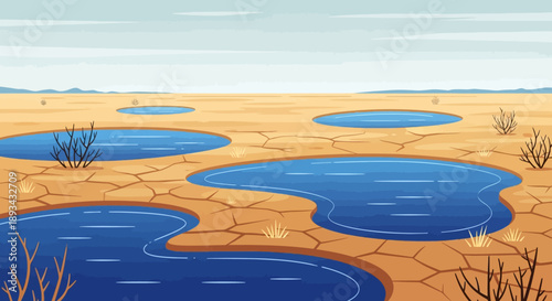Desert landscape with dry cracked earth and water pools