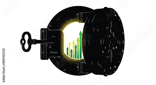Secure safe box with glowing green and yellow bar chart graph inside, symbolizing financial growth and success, on white background, representing business and investment concepts