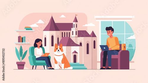 Cartoon scene of a dog and two people using laptops indoors