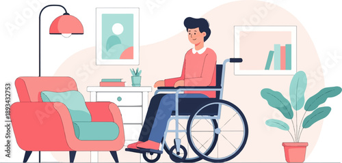 Cheerful individual in wheelchair relaxes in a cozy, modern living room