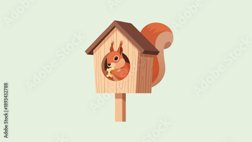 Cartoon squirrel eating a piece of food in a wooden house on a pole