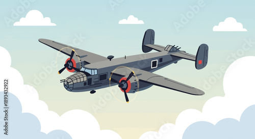 Cartoon bomber plane with spinning propellers flies through a pale sky