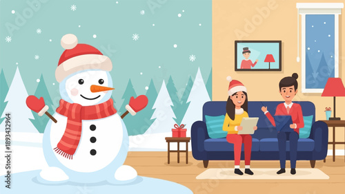 Cheerful snowman outside, couple indoors enjoying winter holiday season