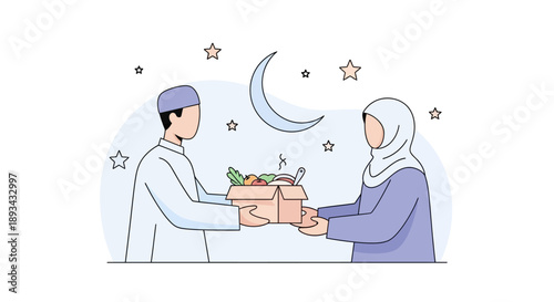 Man and woman exchanging food gifts.