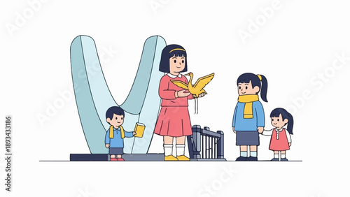 Cartoon family admiring a large sculpture and a golden swan toy