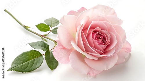 Single light pink rose bloom with stem and leaves
