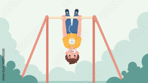 Child upside down on monkey bars with medical device