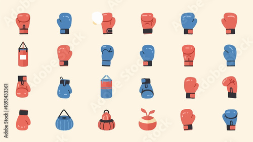Collection of boxing gloves and punching bags in red and blue colors