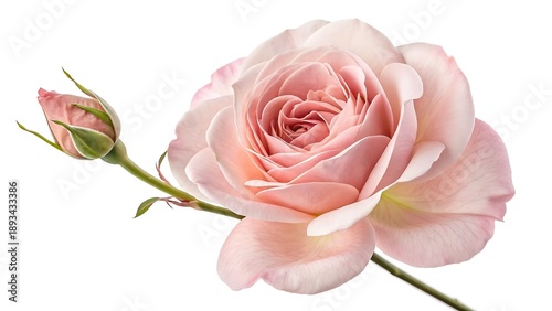 Soft pink rose bloom and bud on white background