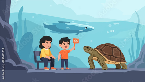 Children observe a giant tortoise and fish in an aquarium