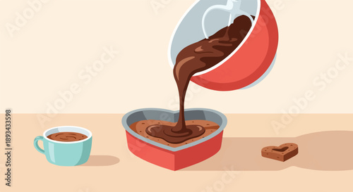 Chocolate batter is poured into a heart-shaped pan, with a cup and finished treat