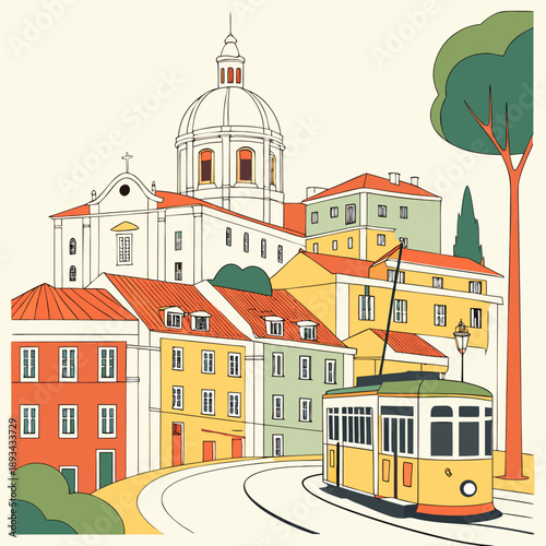 Lisbon Tram Scene: Historic European Cityscape with Colorful Buildings and Church Dome