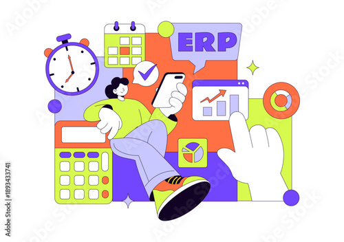 ERP Enterprise Resource Planning System Vector Illustration Featuring Business Integration, Productivity Improvement, And Company Growth Background