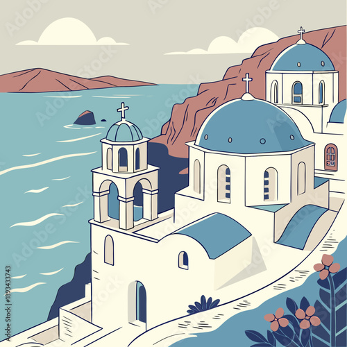 Santorini Greece Aegean Sea White Churches Blue Domes Coastal Village Landscape
