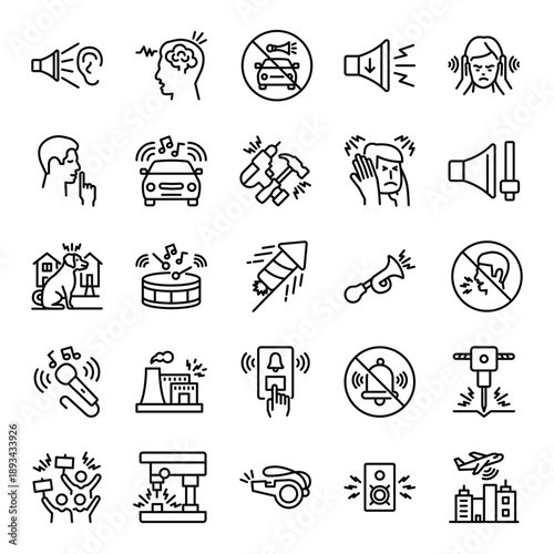 Clean, modern line icons illustrating noise, loud sound, and sound pollution scenarios.
Ideal for warning systems, public safety, health awareness, and environmental noise control designs.