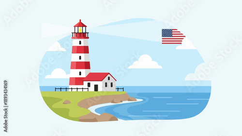 Coastal lighthouse with American flag and scenic ocean view