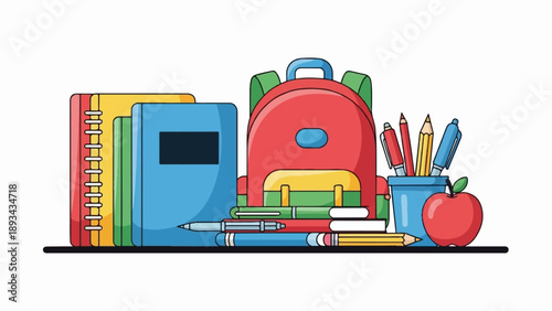 Colorful backpack, notebooks, pens, pencils, and an apple on a shelf
