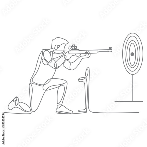 a person in a kneeling position, aiming a rifle. The minimalist design highlights the focus and precision of shooting, capturing the essence of the activity.