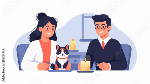 Couple dining with their pet dog by candlelight in a cozy atmosphere