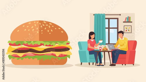 Couple eats burgers and drinks coffee while one uses a laptop