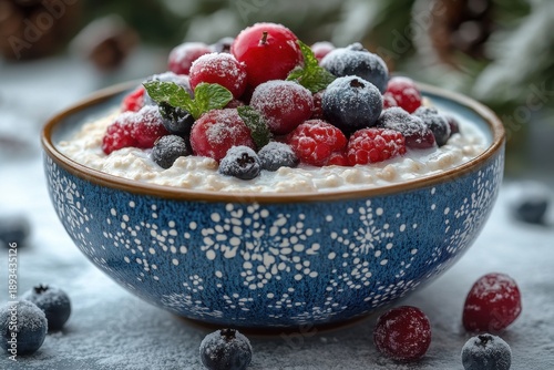 Bowl of oatmeal with mixed berries.